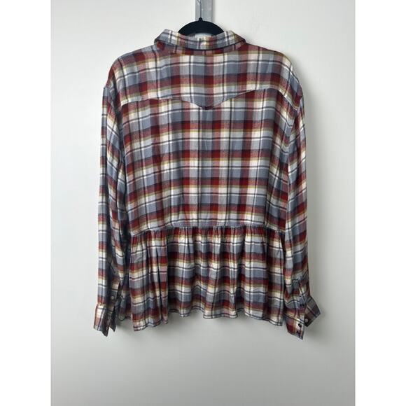 Lucky Brand Flannel Shirt Ruffle L Burgundy & Grey Plaid Peplum Ruffle Button B8 - Picture 7 of 9